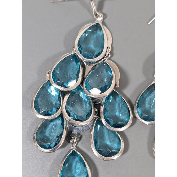Teal Blue Teardrop Bezel Chandelier Long Dangle Earrings Boho Glam Statement - Picture 6 of 8